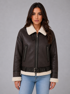 Suede Look Cropped Aviator Jacket – Teddy Lined Biker Coat
