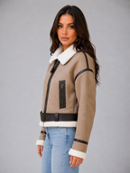 Suede Look Cropped Aviator Jacket – Teddy Lined Biker Coat