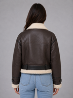 Suede Look Cropped Aviator Jacket – Teddy Lined Biker Coat