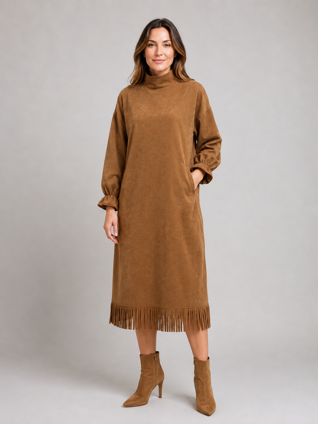 Suede Look Midi Dress – High Neck Fringe Hem