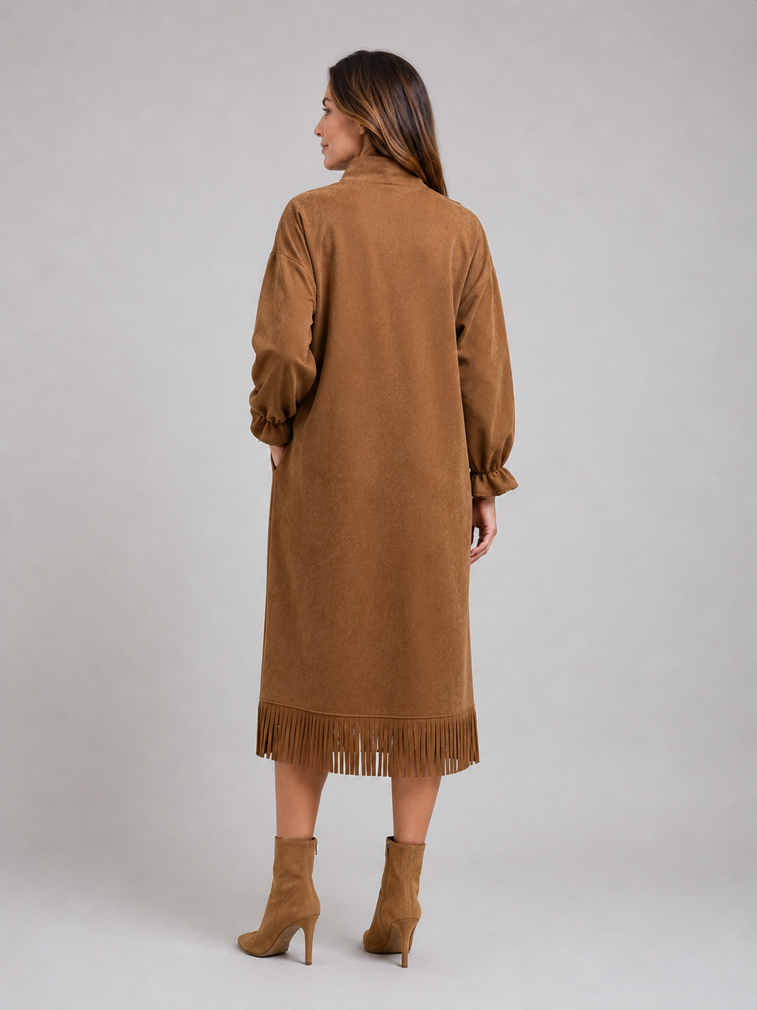 Suede Look Midi Dress – High Neck Fringe Hem