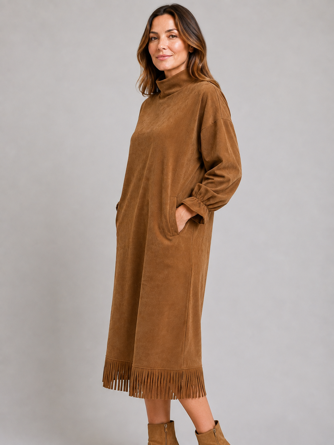 Suede Look Midi Dress – High Neck Fringe Hem