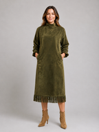 Suede Look Midi Dress – High Neck Fringe Hem