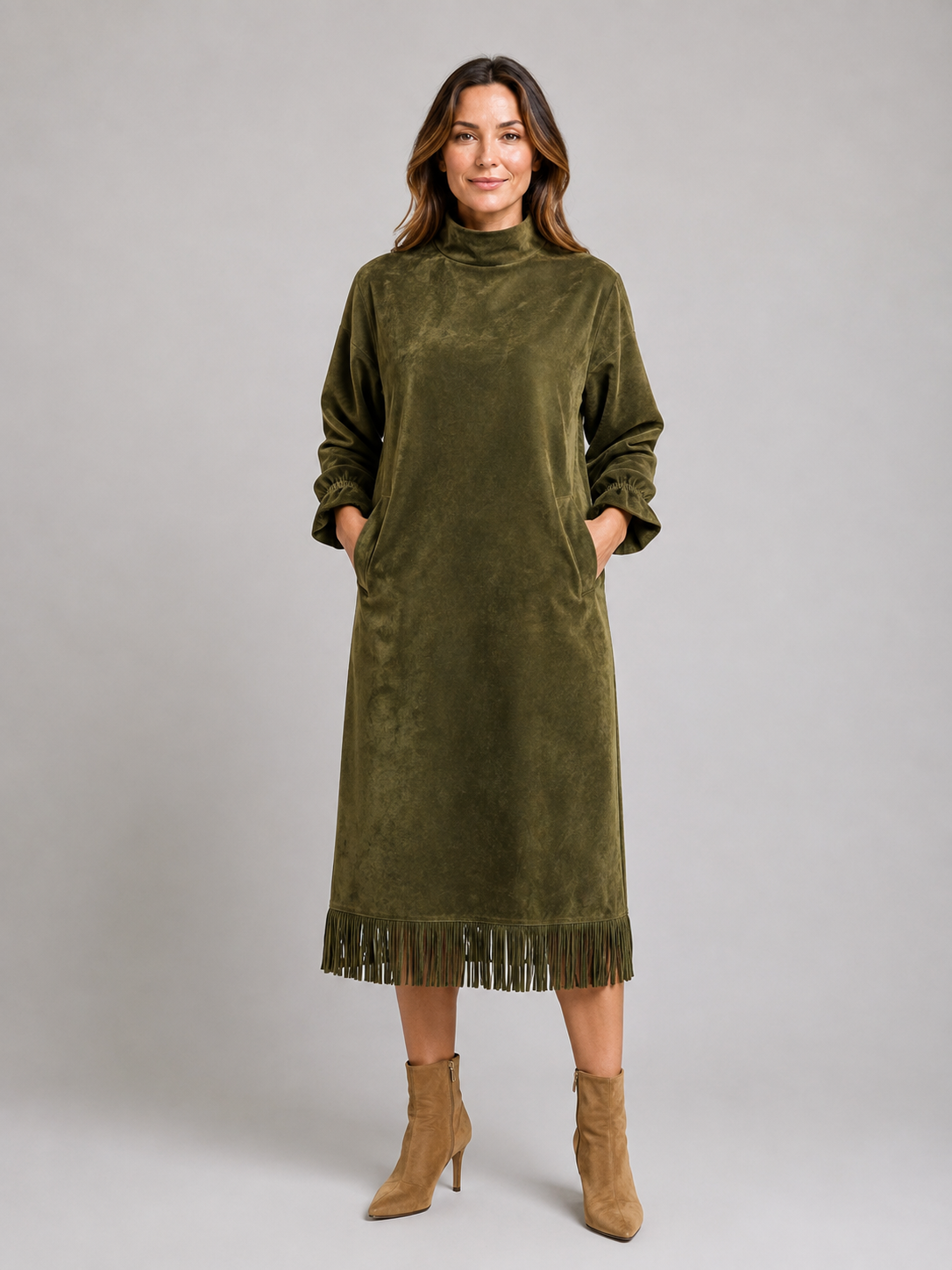 Suede Look Midi Dress – High Neck Fringe Hem