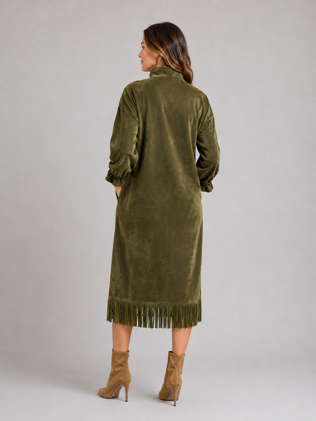 Suede Look Midi Dress – High Neck Fringe Hem