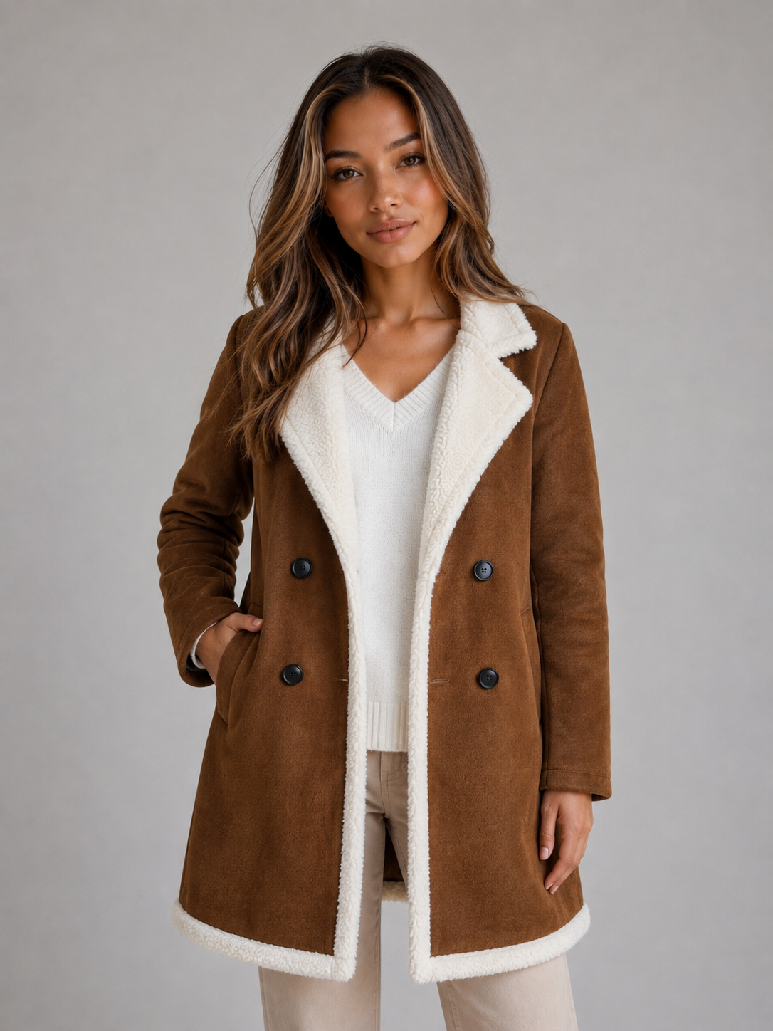 Suede Look Shearling Coat – Longline Teddy Trim Jacket