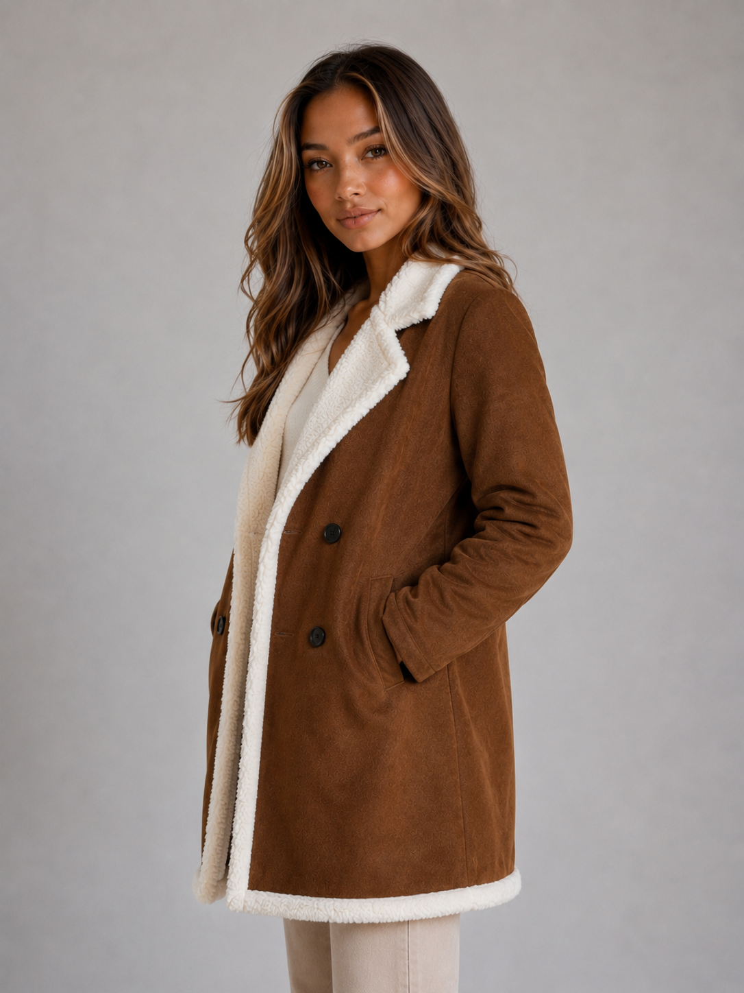 Suede Look Shearling Coat – Longline Teddy Trim Jacket