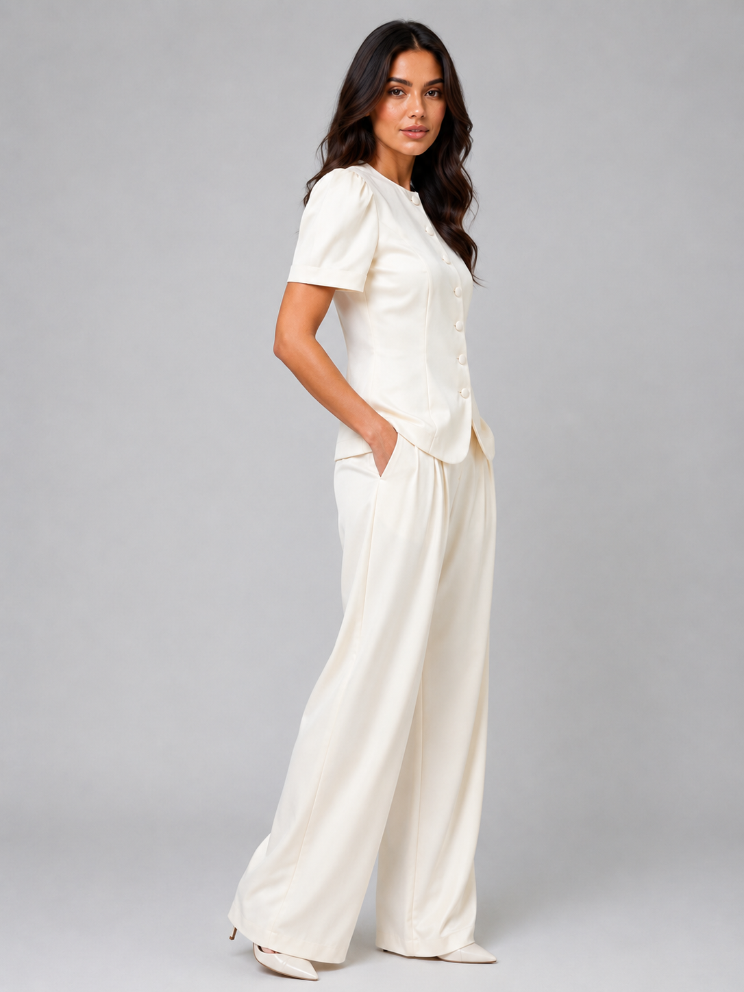 Tailored Two-Piece Trouser Suit – Short Sleeve Blazer & Wide Leg Trousers Set