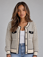 Textured Knit Cardigan – Button Front Contrast Trim Jumper