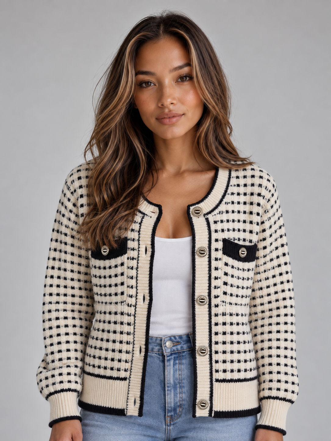 Textured Knit Cardigan – Button Front Contrast Trim Jumper