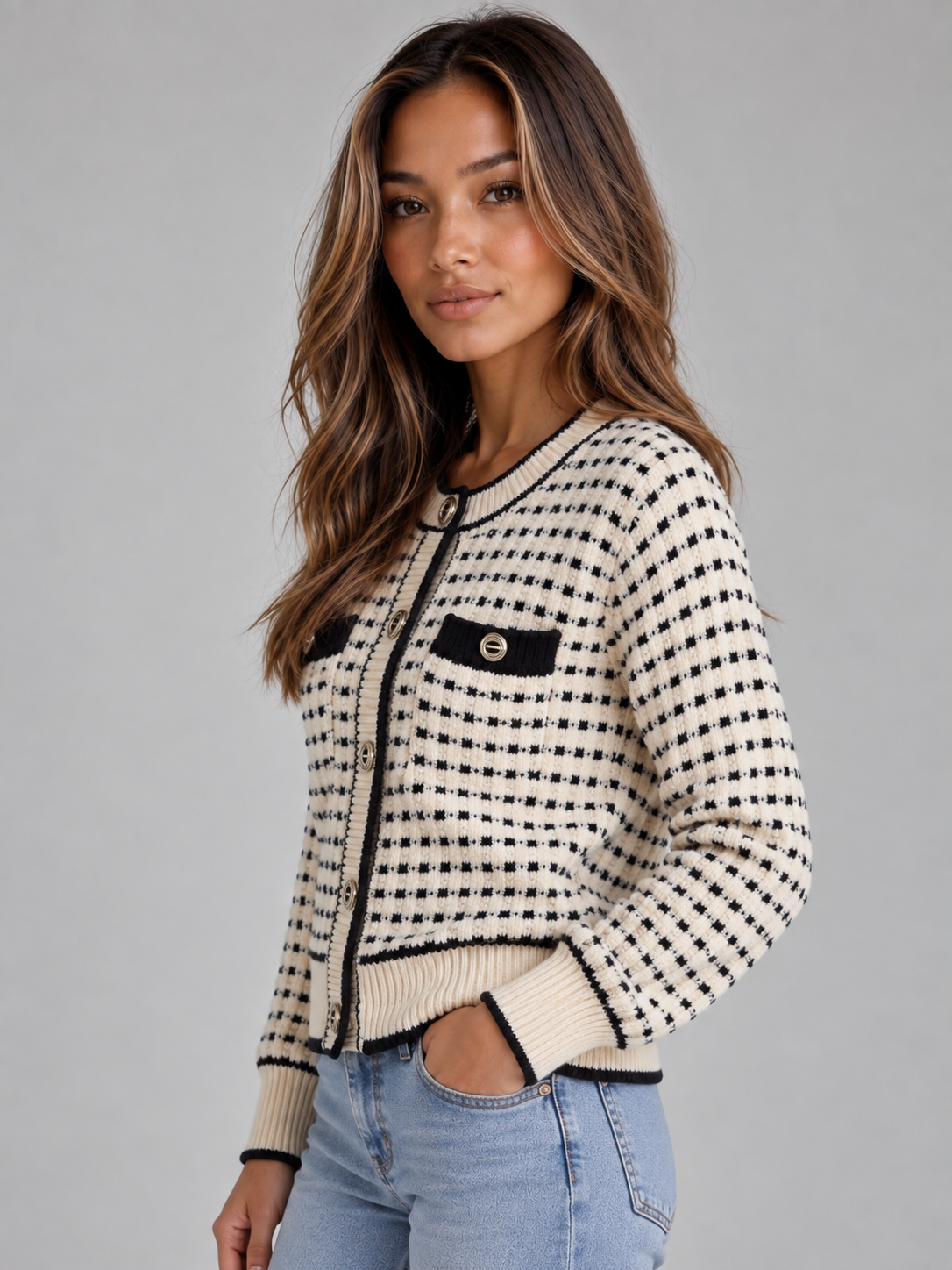 Textured Knit Cardigan – Button Front Contrast Trim Jumper