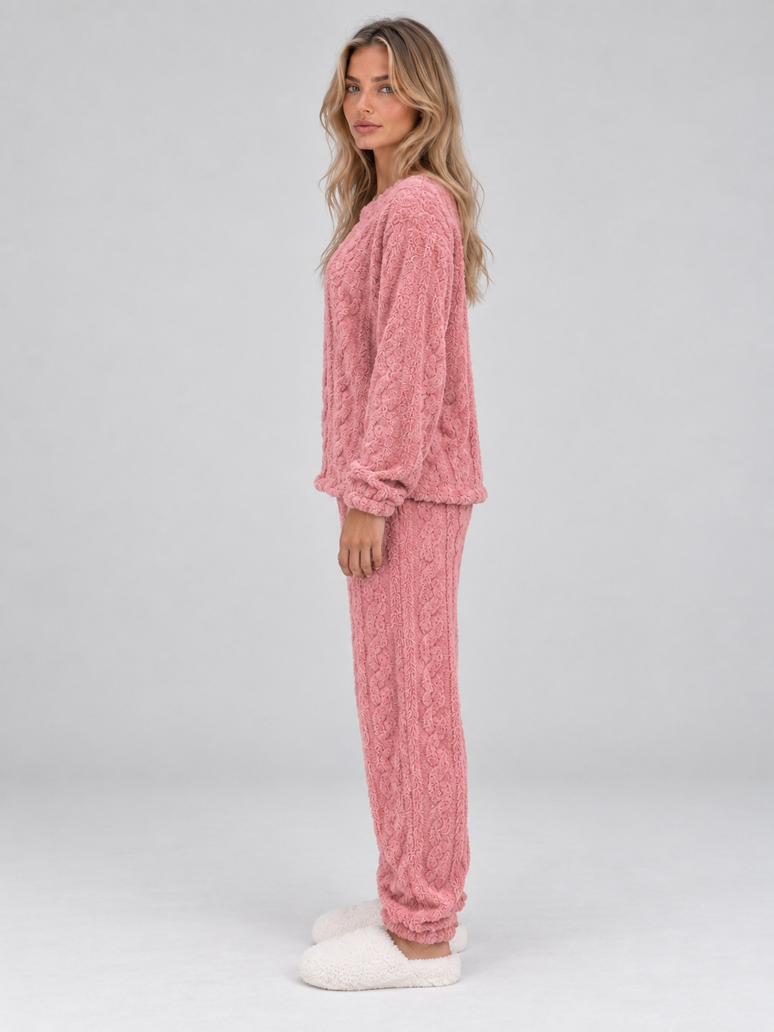 Thermal Fleece Pyjama Set – Cable Knit Textured Top & Trousers
