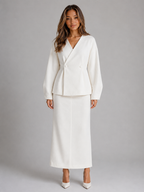 Two-Piece Skirt Suit – V-Neck Peplum Jacket & Maxi Pencil Skirt Set
