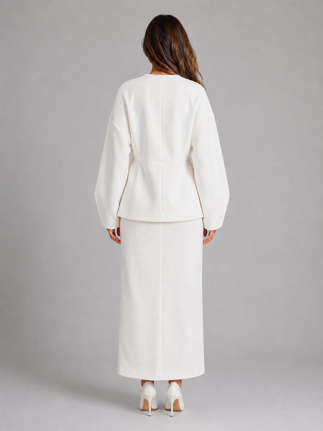 Two-Piece Skirt Suit – V-Neck Peplum Jacket & Maxi Pencil Skirt Set