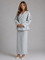 Two-Piece Skirt Suit – V-Neck Peplum Jacket & Maxi Pencil Skirt Set