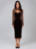 Velvet Lace Midi Dress – Long Sleeve Cut-Out Evening Dress
