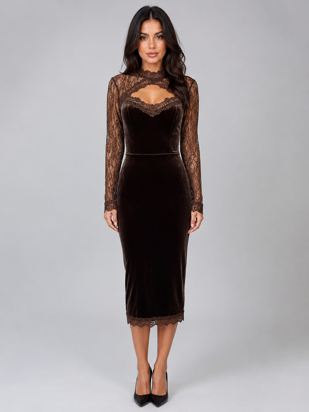 Velvet Lace Midi Dress – Long Sleeve Cut-Out Evening Dress