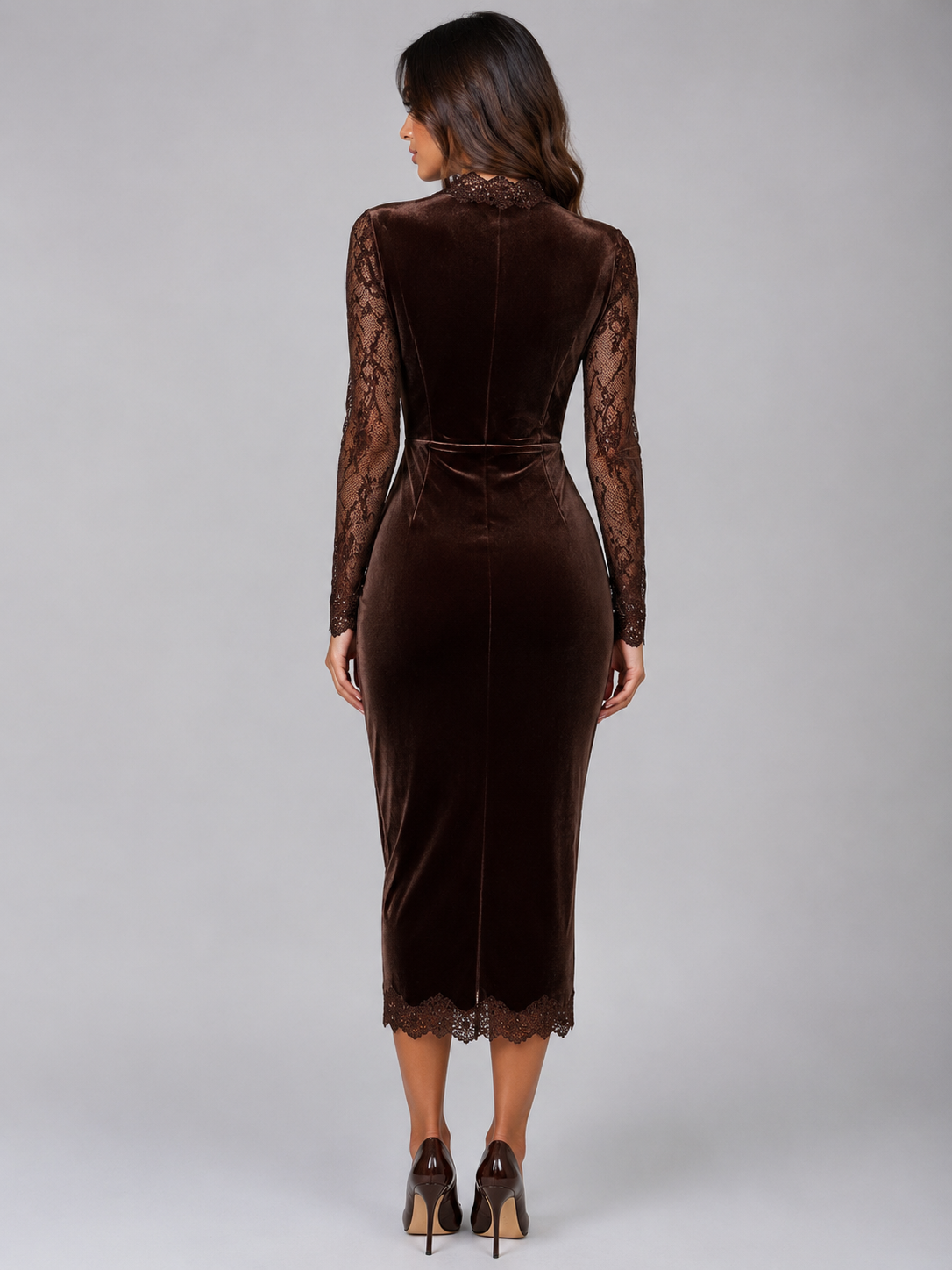 Velvet Lace Midi Dress – Long Sleeve Cut-Out Evening Dress
