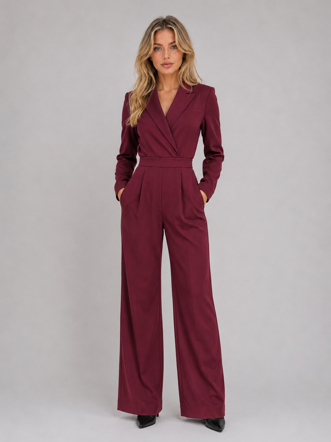 Wide Leg Jumpsuit – Wrap Front Belted Tailored Suit