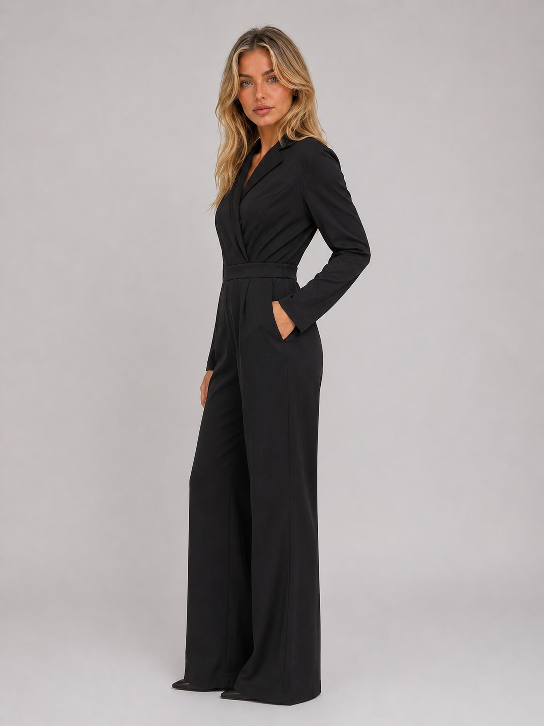 Wide Leg Jumpsuit – Wrap Front Belted Tailored Suit