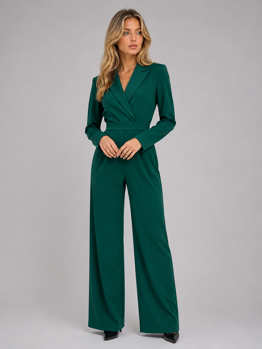 Wide Leg Jumpsuit – Wrap Front Belted Tailored Suit