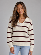 Wool Striped Jumper – Collared V-Neck Long Sleeve Knit Sweater