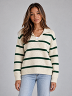 Wool Striped Jumper – Collared V-Neck Long Sleeve Knit Sweater