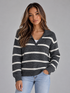 Wool Striped Jumper – Collared V-Neck Long Sleeve Knit Sweater