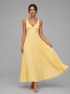 Yellow Pleated Satin Maxi Dress