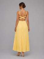 Yellow Pleated Satin Maxi Dress