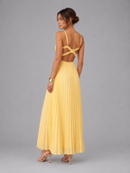 Yellow Pleated Satin Maxi Dress