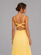 Yellow Pleated Satin Maxi Dress
