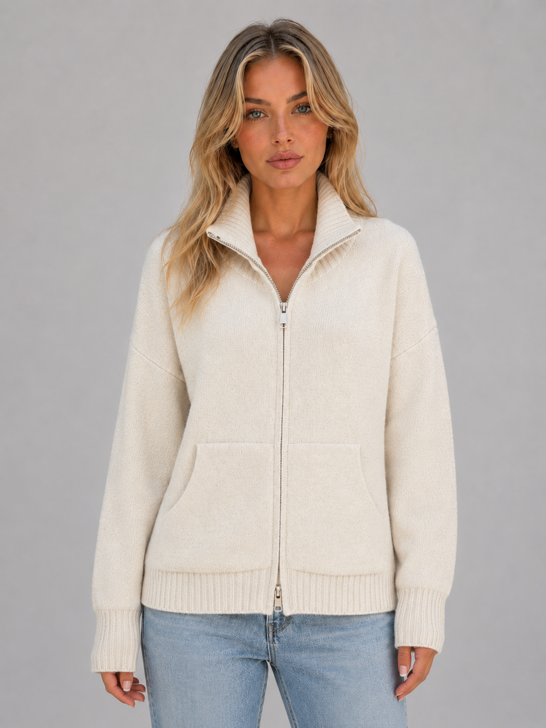Zip Up Knitted Sweater – Soft Funnel Neck Knit Jacket