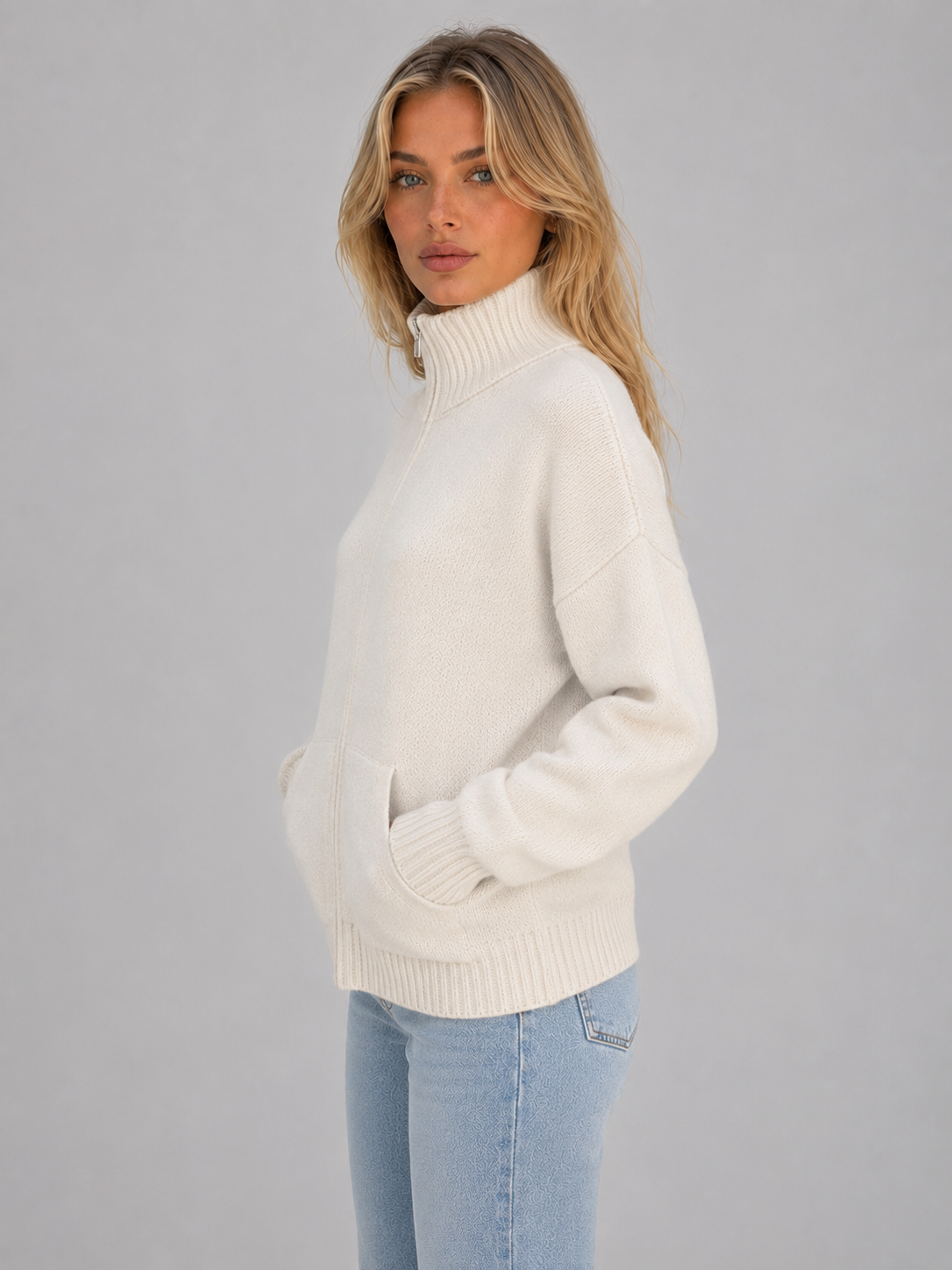 Zip Up Knitted Sweater – Soft Funnel Neck Knit Jacket