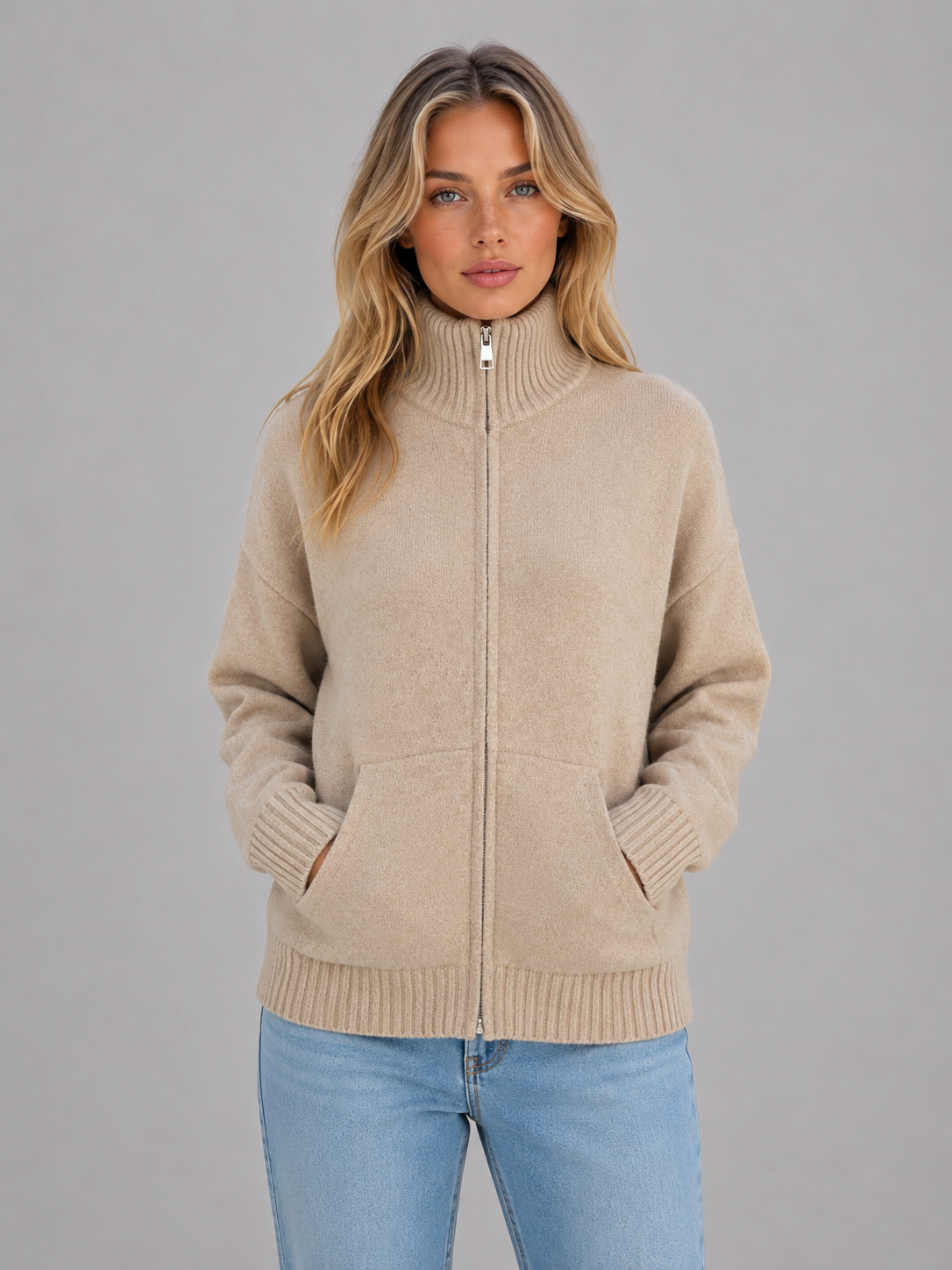 Zip Up Knitted Sweater – Soft Funnel Neck Knit Jacket