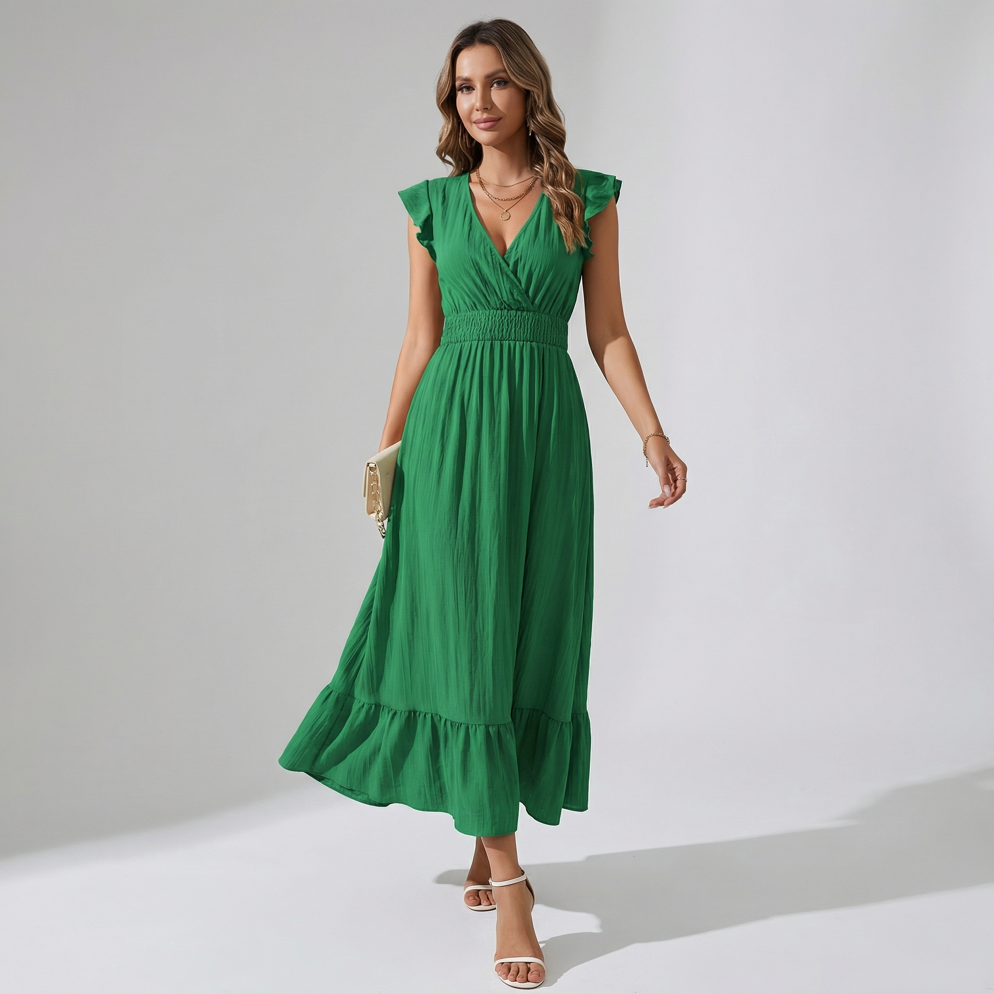 Women's Shirred Waist Midi Dress