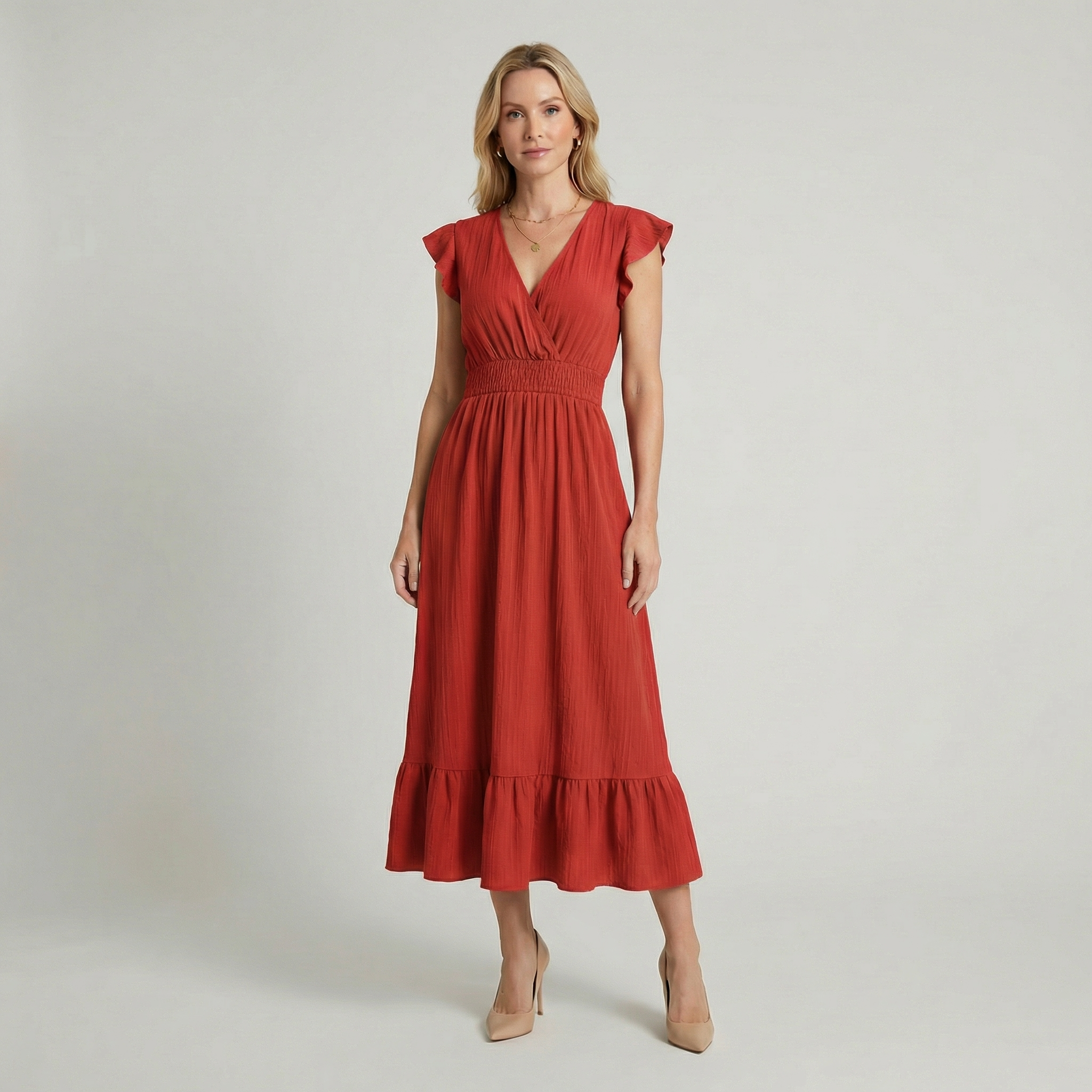 Women's Shirred Waist Midi Dress