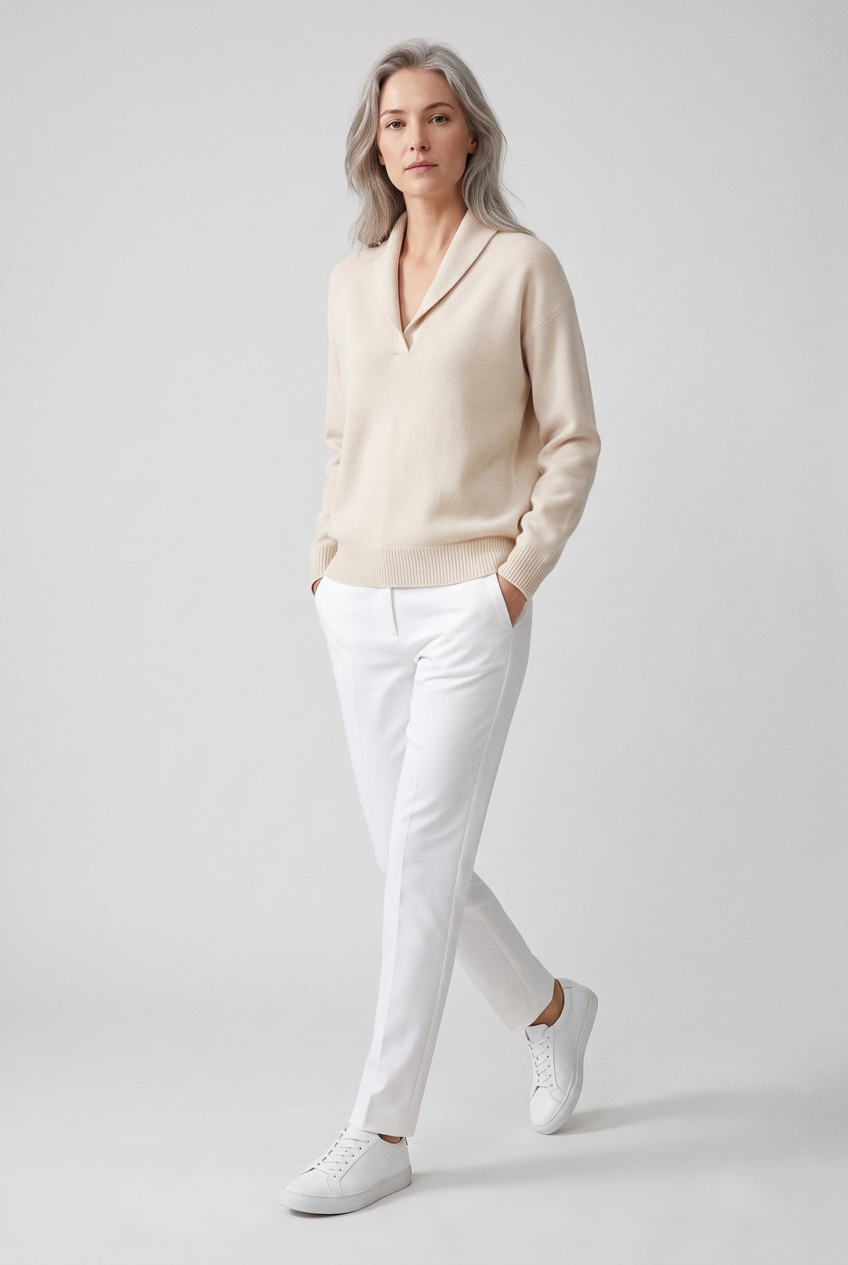 Sweater – women's relaxed ribbed V-neck — Cream