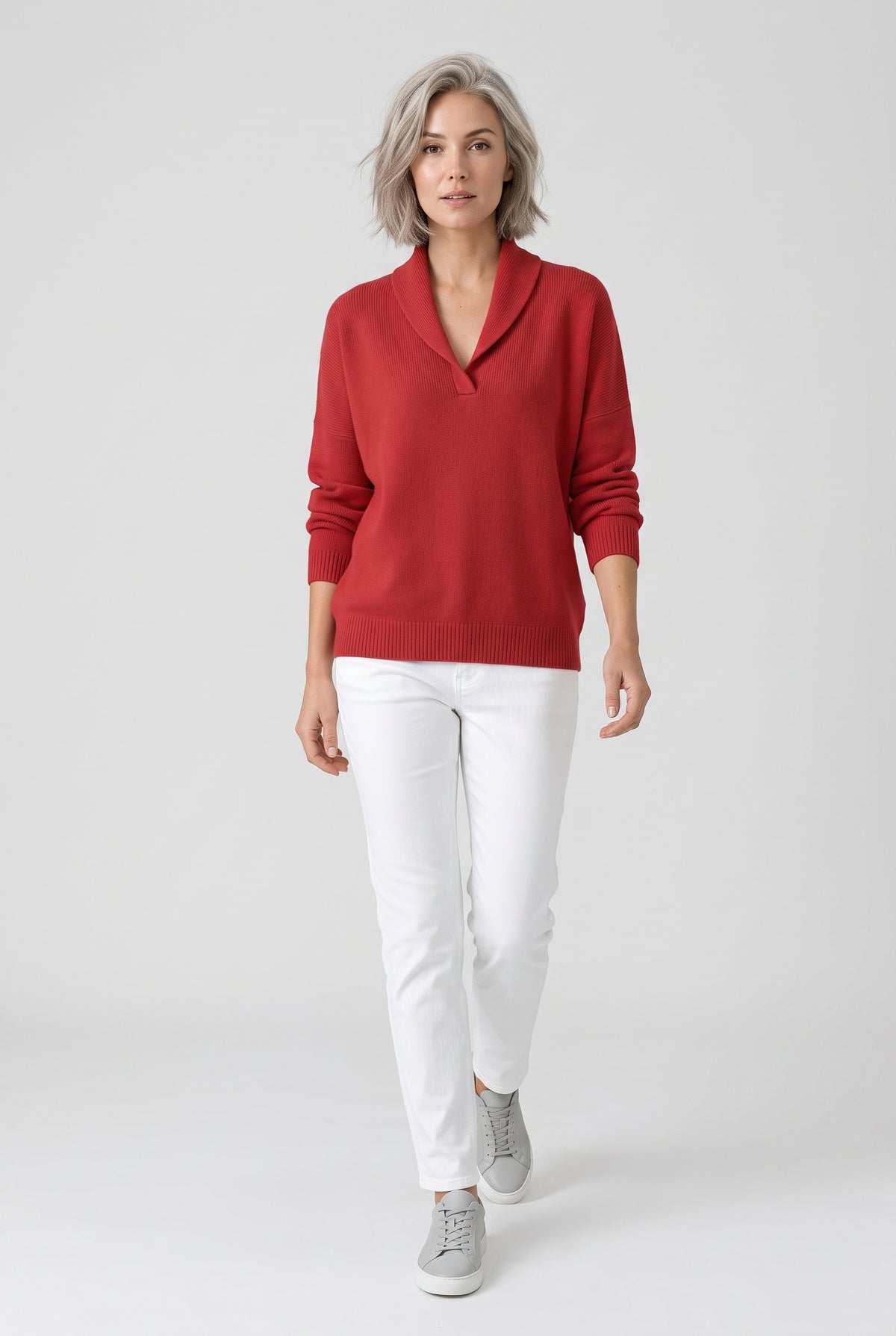 Sweater – women's relaxed ribbed V-neck — Red