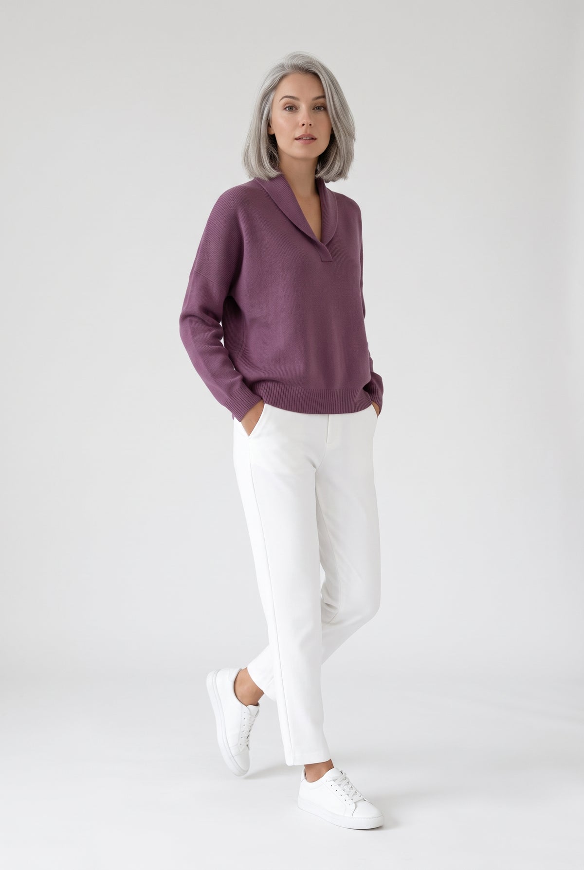 Sweater – women's relaxed ribbed V-neck — Purple