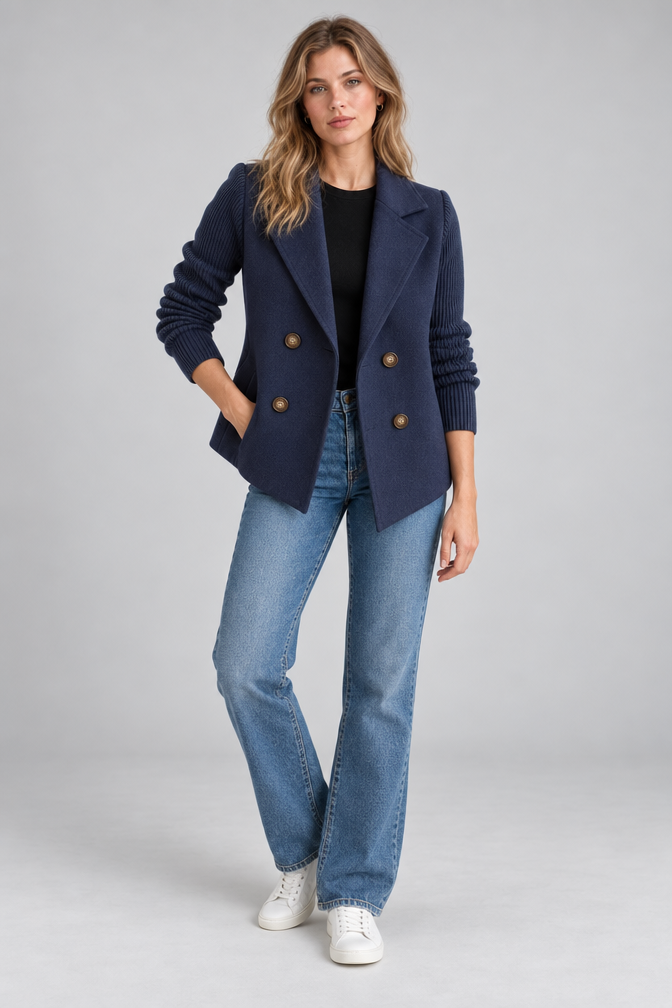 Knit Jacket – Women's Knit Sleeve Blazer Jacket — Navy Blue