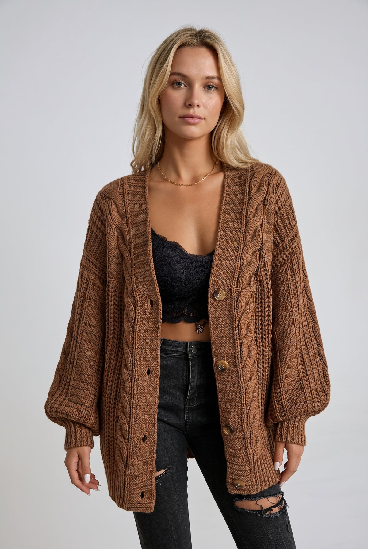 Mira – Women's Oversized Cable Knit Cardigan — Brown