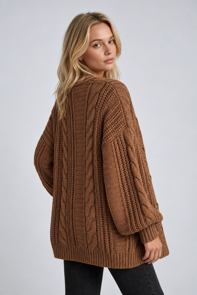 Mira – Women's Oversized Cable Knit Cardigan — Brown