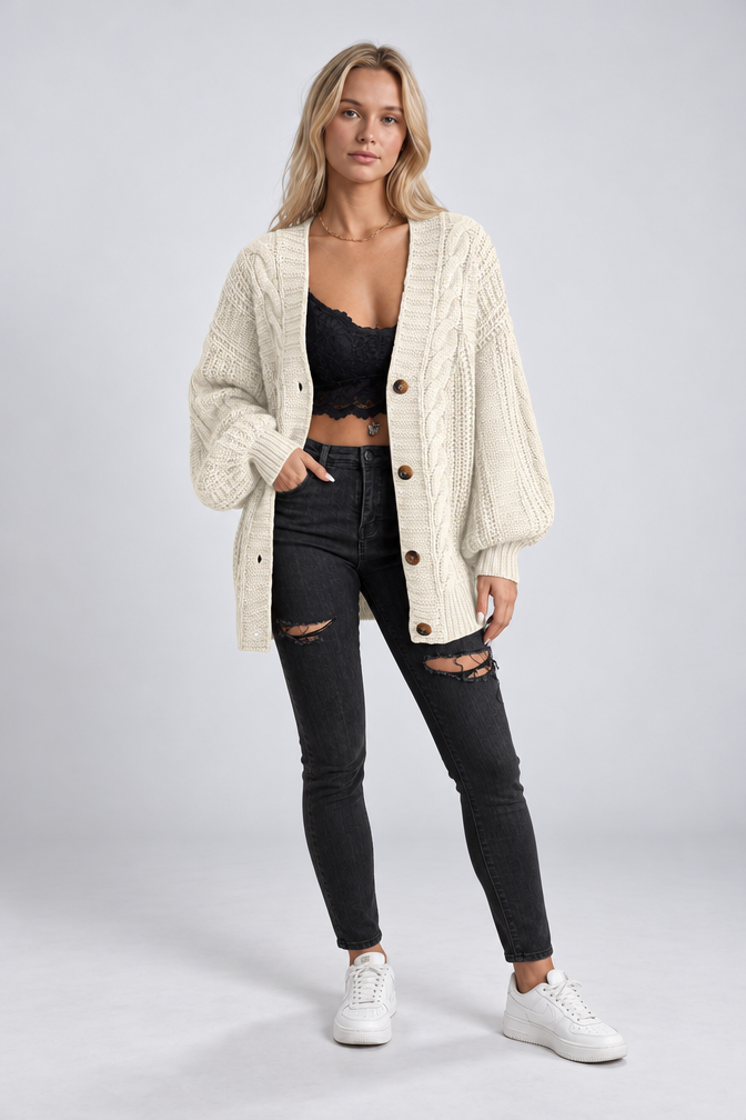 Mira – Women's Oversized Cable Knit Cardigan — Beige