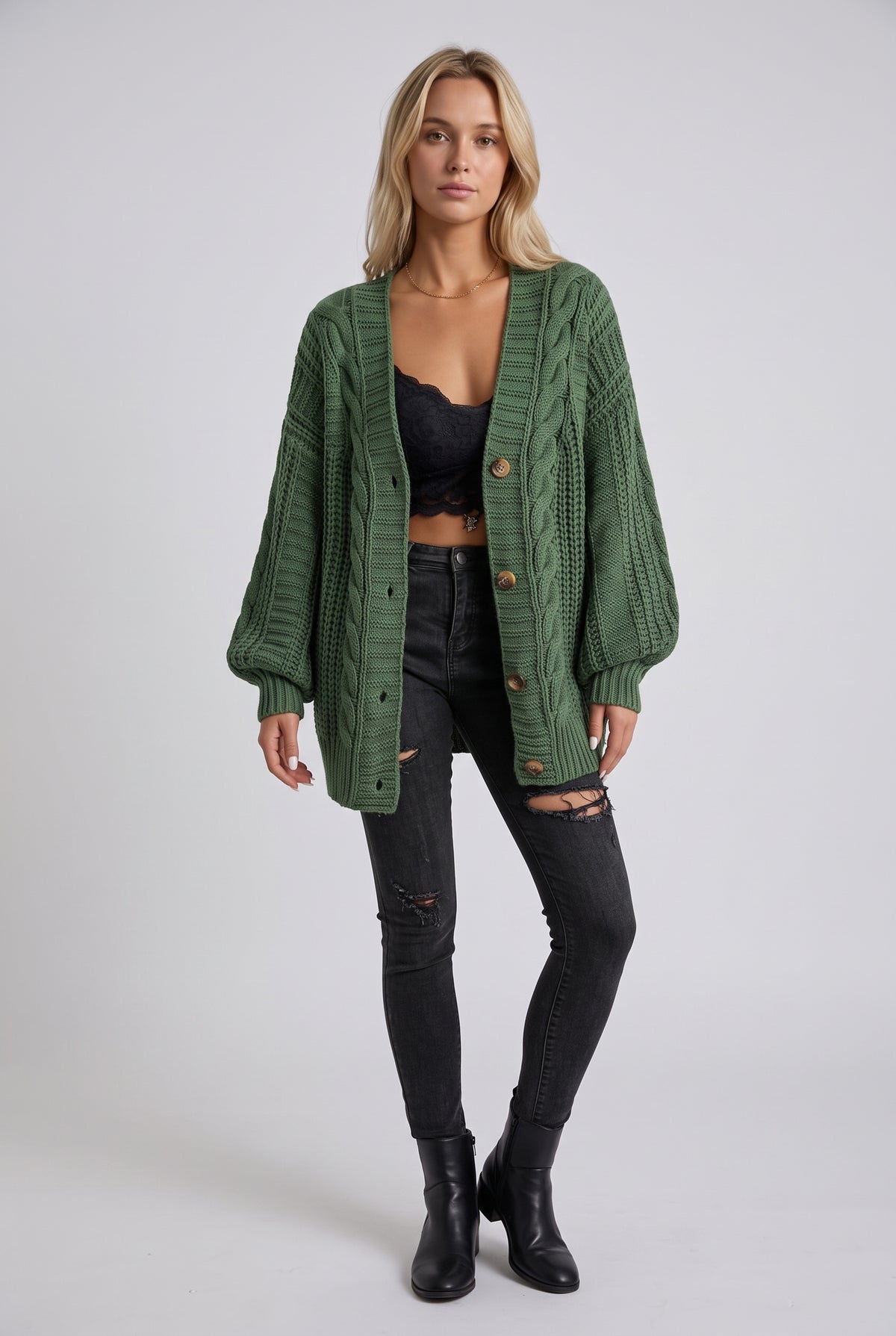 Mira – Women's Oversized Cable Knit Cardigan — Dark Green
