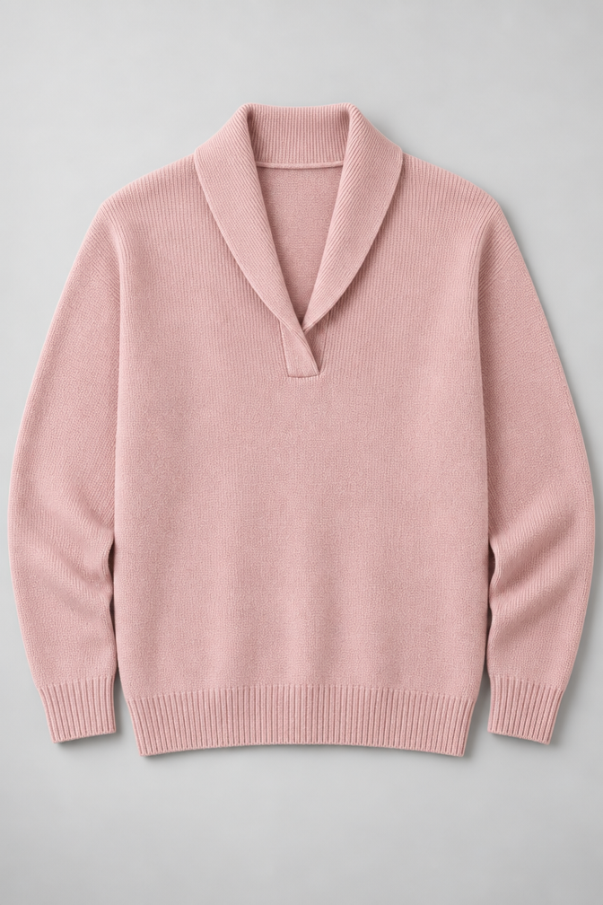 Ribbed Knit Sweater – Relaxed V-Neck Long Sleeve — Pink