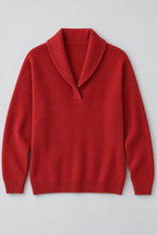 Ribbed Knit Sweater – Relaxed V-Neck Long Sleeve — Red