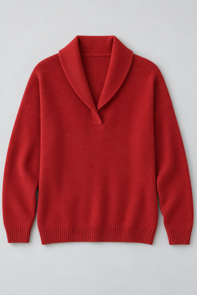 Ribbed Knit Sweater – Relaxed V-Neck Long Sleeve — Red