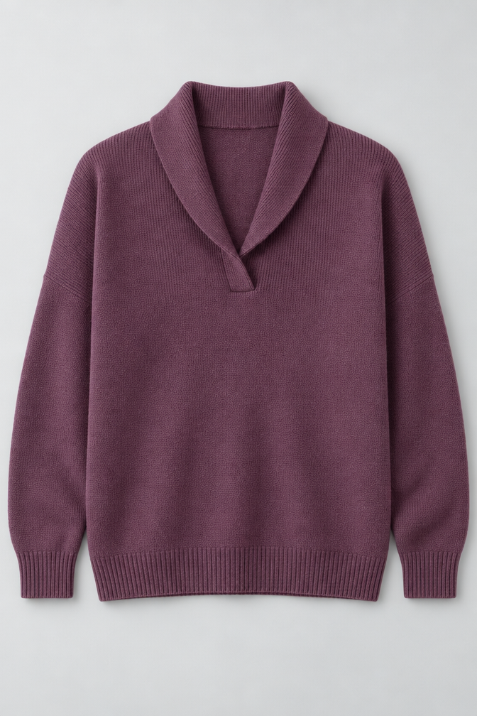 Ribbed Knit Sweater – Relaxed V-Neck Long Sleeve — Purple