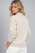 Ribbed Knit Sweater – Relaxed V-Neck Long Sleeve — Cream